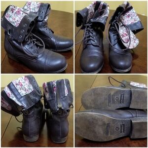 DOLLHOUSE brown combat boots w interior floral snap adjustable height w back zip
